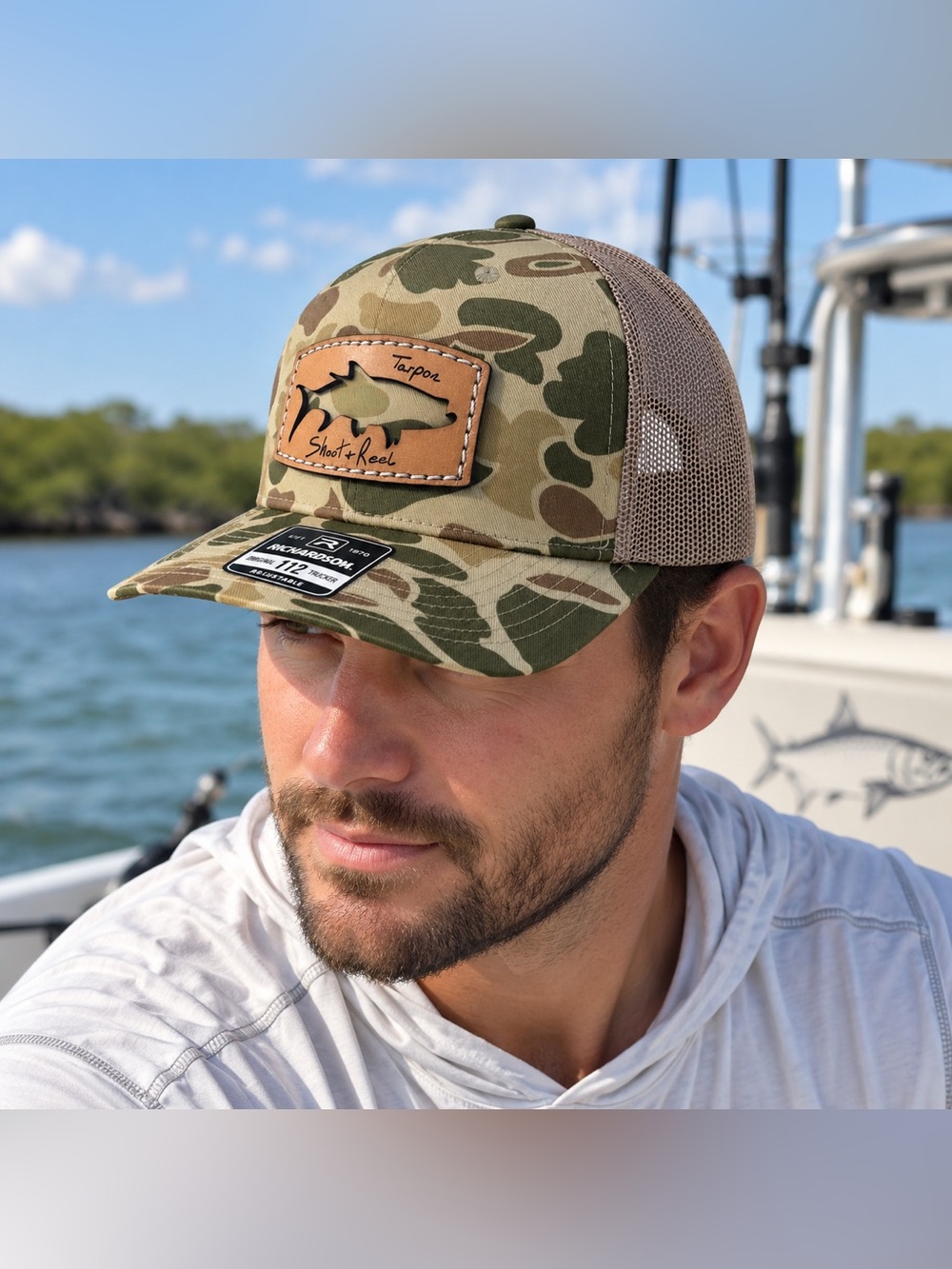 Shoot & Reel Tarpon Leather Patch Camo Trucker Hat NWT